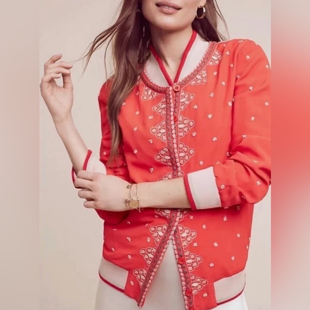 Conditions Apply Arabella Embroidered Bomber Jacket L Red Anthropologie